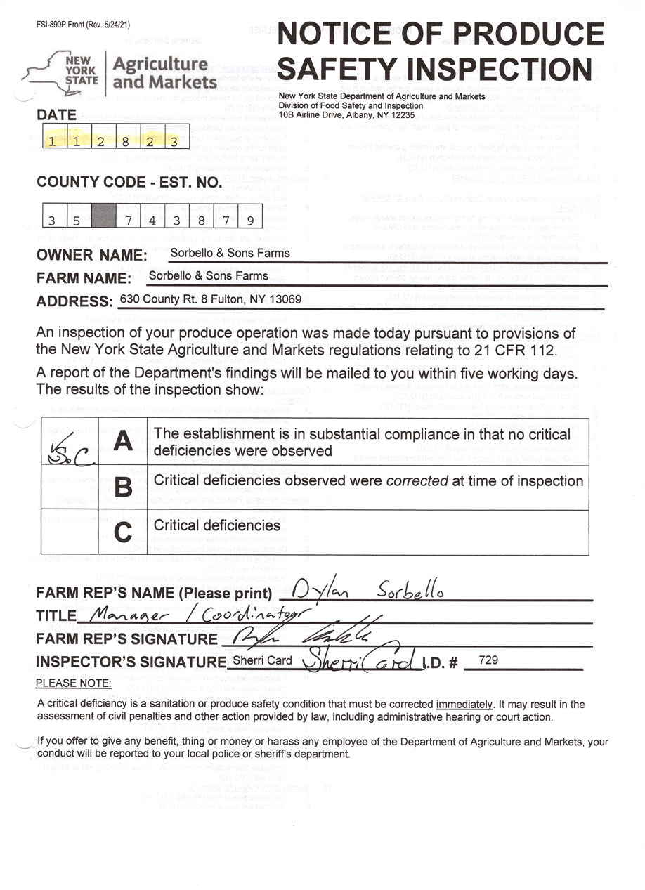 FSMA, Food Safety Modernization Act. Food safety inspection performed by New York State Department of Agriculture and Markets and most recently received a passing score on November 28, 2023.